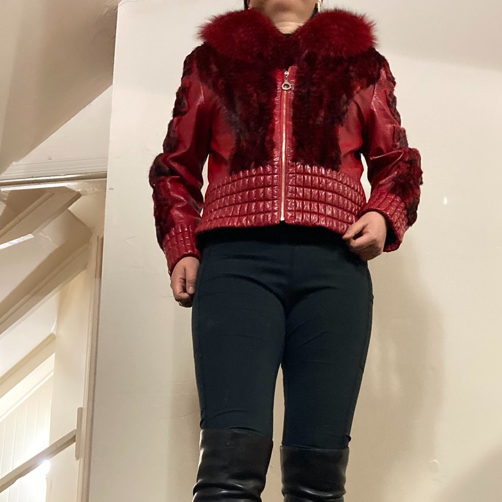 Unique Red Faux Leather +Faux Fur (Mink fur like) Fashionable Jacket Sexy looks
